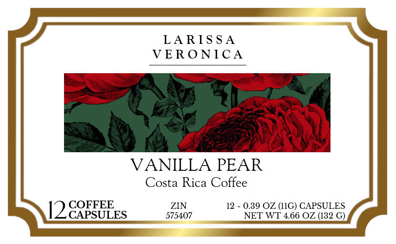 Vanilla Pear Costa Rica Coffee <BR>(Single Serve K-Cup Pods) - Label
