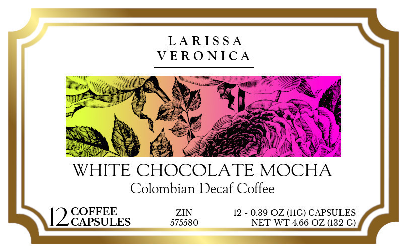 White Chocolate Mocha Colombian Decaf Coffee <BR>(Single Serve K-Cup Pods) - Label