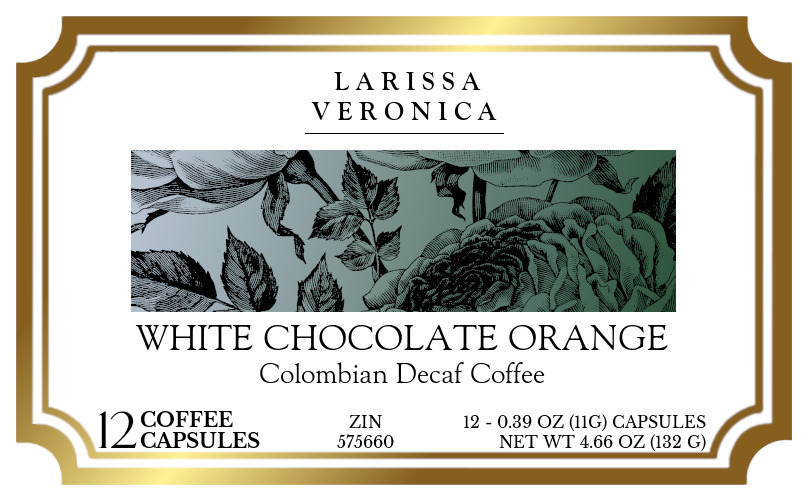 White Chocolate Orange Colombian Decaf Coffee <BR>(Single Serve K-Cup Pods) - Label