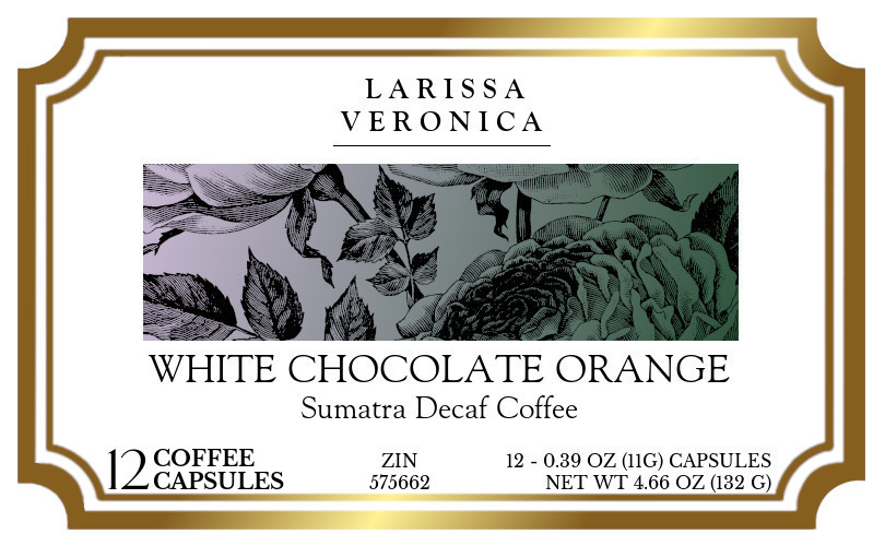 White Chocolate Orange Sumatra Decaf Coffee <BR>(Single Serve K-Cup Pods) - Label
