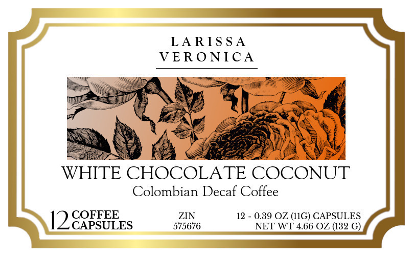 White Chocolate Coconut Colombian Decaf Coffee <BR>(Single Serve K-Cup Pods) - Label