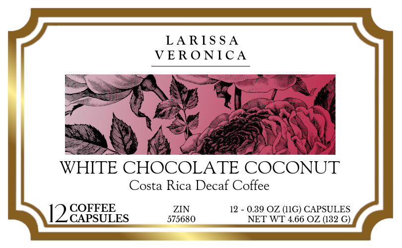White Chocolate Coconut Costa Rica Decaf Coffee <BR>(Single Serve K-Cup Pods) - Label