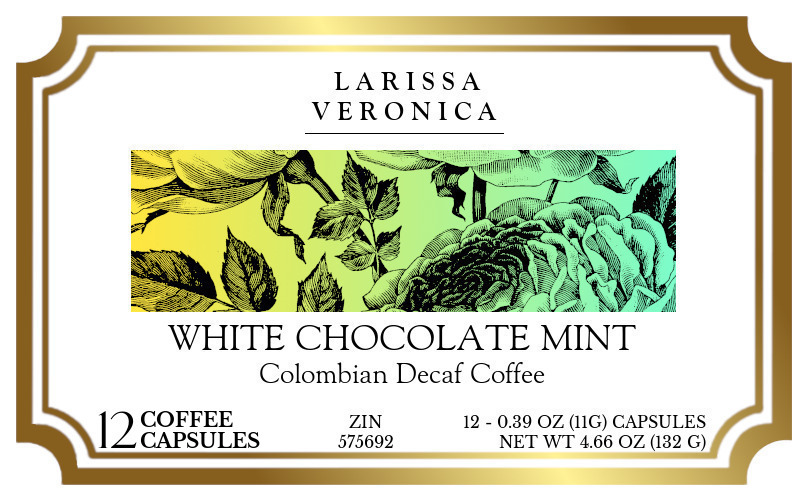 White Chocolate Mint Colombian Decaf Coffee <BR>(Single Serve K-Cup Pods) - Label