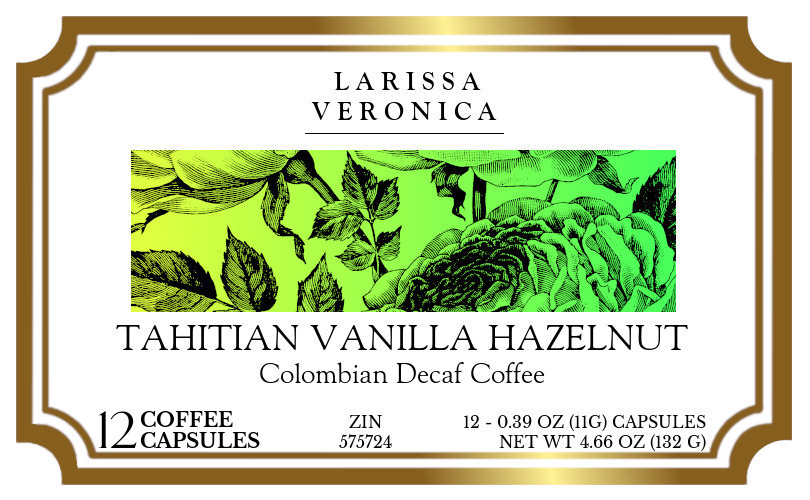 Tahitian Vanilla Hazelnut Colombian Decaf Coffee <BR>(Single Serve K-Cup Pods) - Label