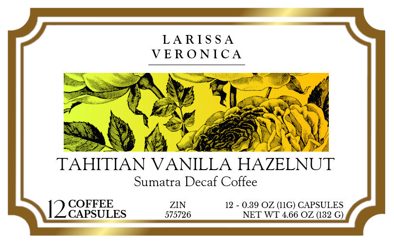 Tahitian Vanilla Hazelnut Sumatra Decaf Coffee <BR>(Single Serve K-Cup Pods) - Label