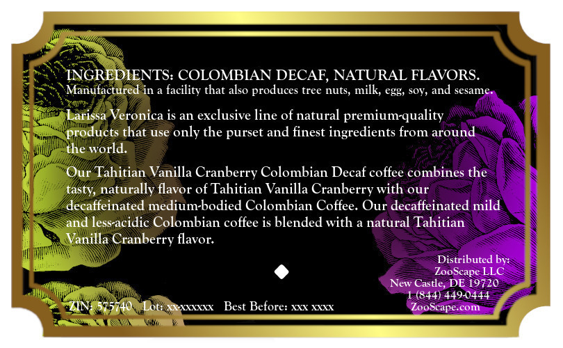 Tahitian Vanilla Cranberry Colombian Decaf Coffee <BR>(Single Serve K-Cup Pods)