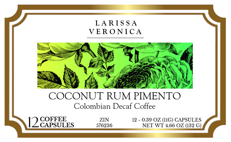 Coconut Rum Pimento Colombian Decaf Coffee <BR>(Single Serve K-Cup Pods) - Label