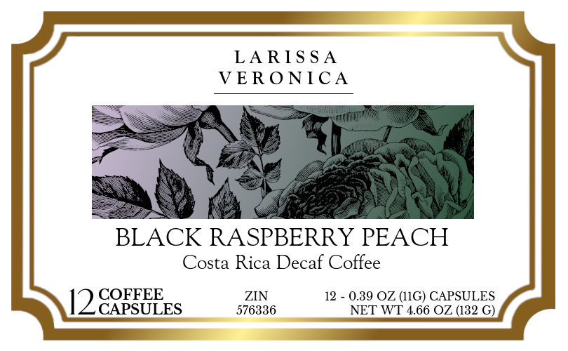Black Raspberry Peach Costa Rica Decaf Coffee <BR>(Single Serve K-Cup Pods) - Label
