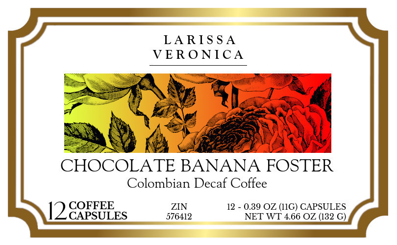 Chocolate Banana Foster Colombian Decaf Coffee <BR>(Single Serve K-Cup Pods) - Label