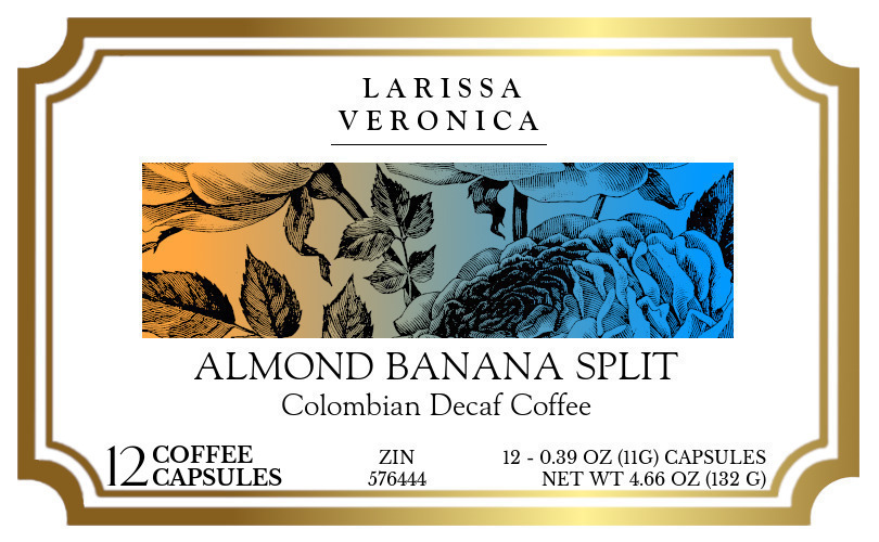 Almond Banana Split Colombian Decaf Coffee <BR>(Single Serve K-Cup Pods) - Label
