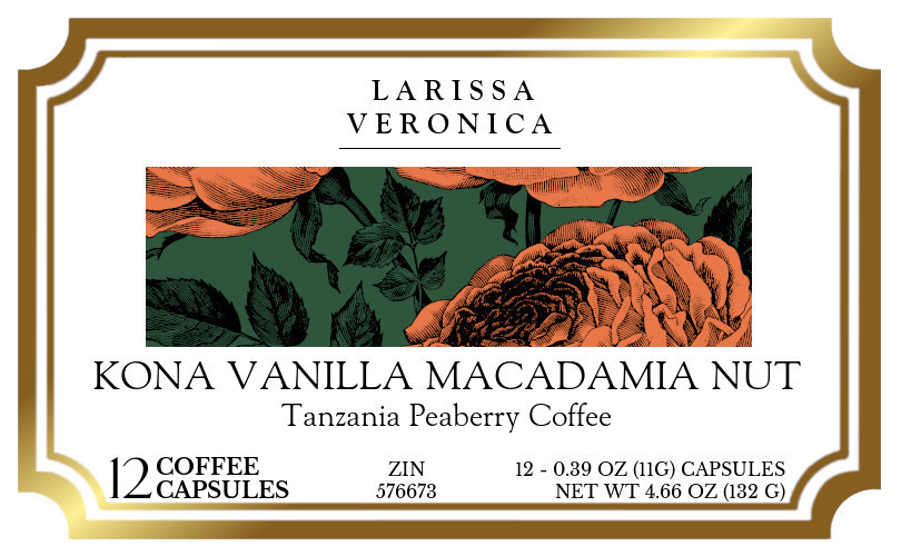 Kona Vanilla Macadamia Nut Tanzania Peaberry Coffee <BR>(Single Serve K-Cup Pods) - Label