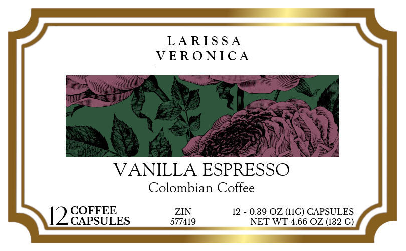 Vanilla Espresso Colombian Coffee <BR>(Single Serve K-Cup Pods) - Label