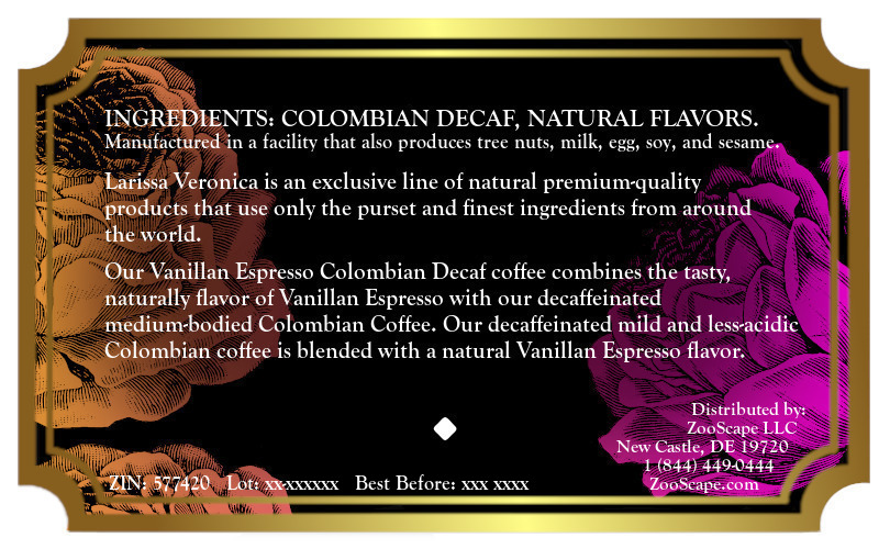Vanilla Espresso Colombian Decaf Coffee <BR>(Single Serve K-Cup Pods)