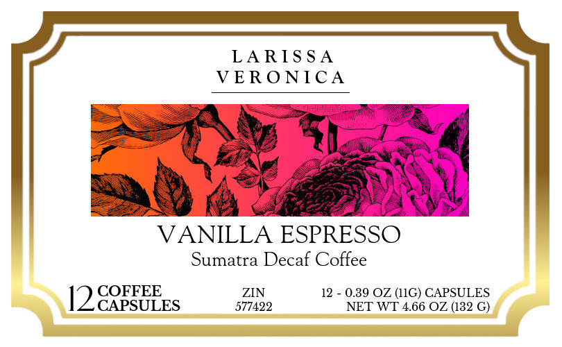 Vanilla Espresso Sumatra Decaf Coffee <BR>(Single Serve K-Cup Pods) - Label