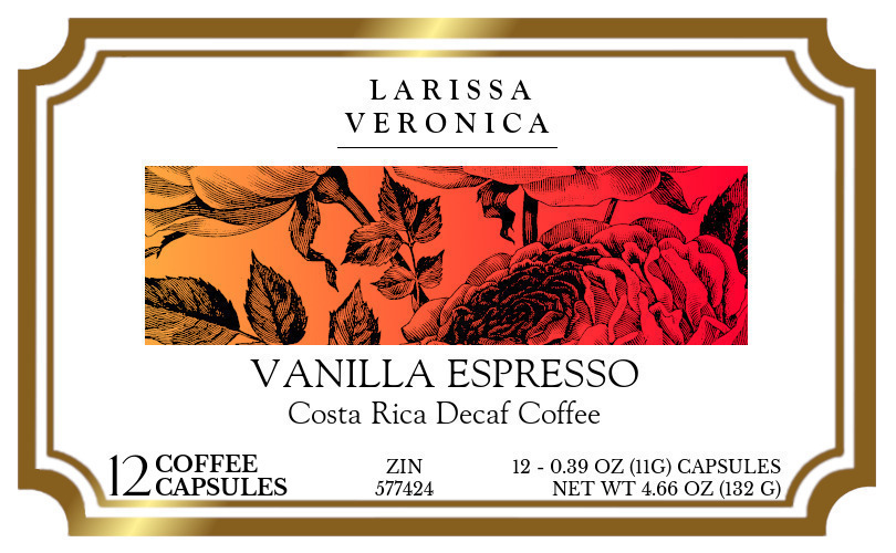 Vanilla Espresso Costa Rica Decaf Coffee <BR>(Single Serve K-Cup Pods) - Label