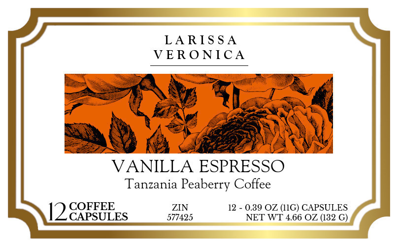 Vanilla Espresso Tanzania Peaberry Coffee <BR>(Single Serve K-Cup Pods) - Label
