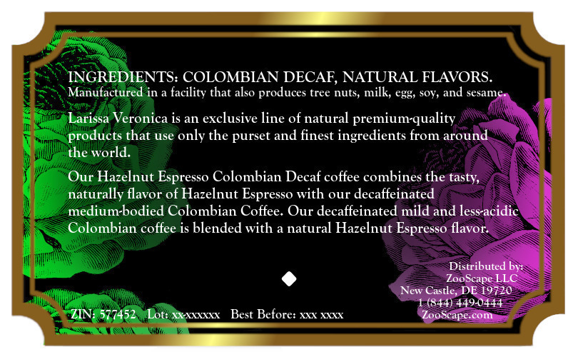 Hazelnut Espresso Colombian Decaf Coffee <BR>(Single Serve K-Cup Pods)