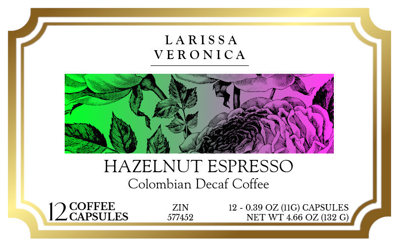 Hazelnut Espresso Colombian Decaf Coffee <BR>(Single Serve K-Cup Pods) - Label