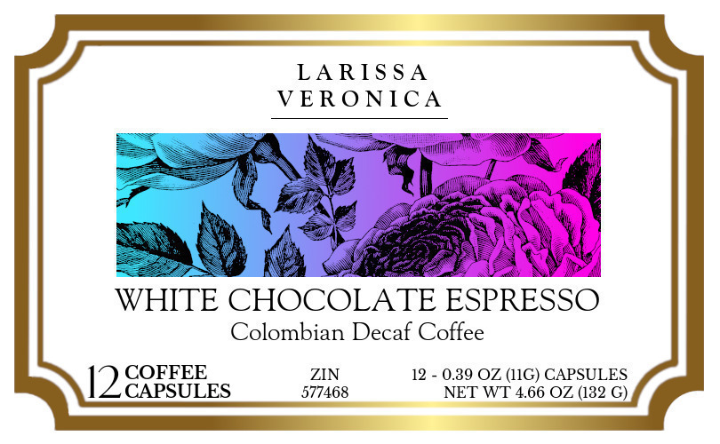White Chocolate Espresso Colombian Decaf Coffee <BR>(Single Serve K-Cup Pods) - Label