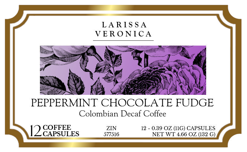 Peppermint Chocolate Fudge Colombian Decaf Coffee <BR>(Single Serve K-Cup Pods) - Label