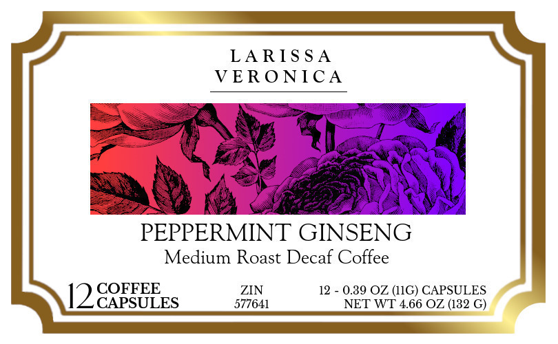 Peppermint Ginseng Medium Roast Decaf Coffee <BR>(Single Serve K-Cup Pods) - Label