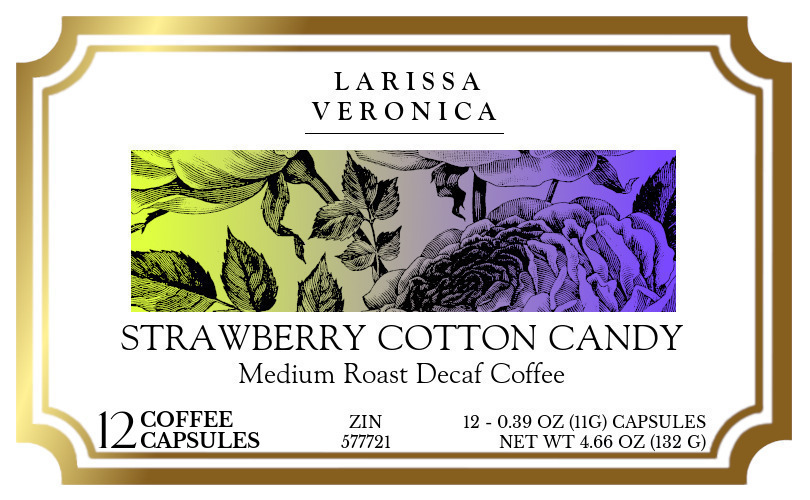 Strawberry Cotton Candy Medium Roast Decaf Coffee <BR>(Single Serve K-Cup Pods) - Label