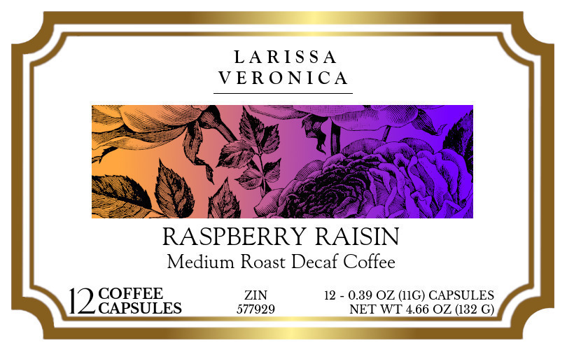 Raspberry Raisin Medium Roast Decaf Coffee <BR>(Single Serve K-Cup Pods) - Label