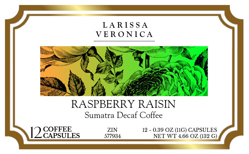 Raspberry Raisin Sumatra Decaf Coffee <BR>(Single Serve K-Cup Pods) - Label