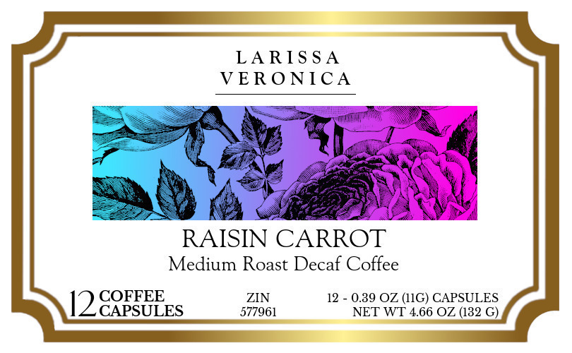 Raisin Carrot Medium Roast Decaf Coffee <BR>(Single Serve K-Cup Pods) - Label