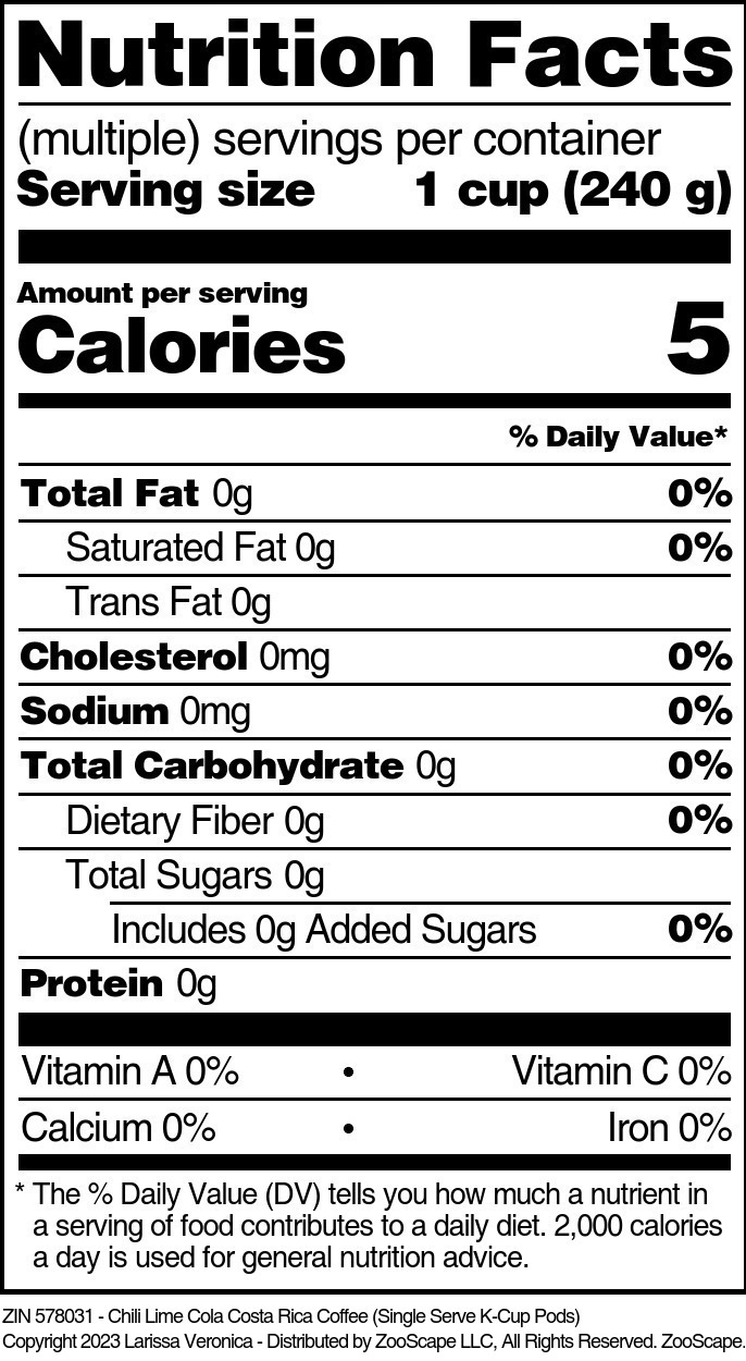 Chili Lime Cola Costa Rica Coffee <BR>(Single Serve K-Cup Pods) - Supplement / Nutrition Facts