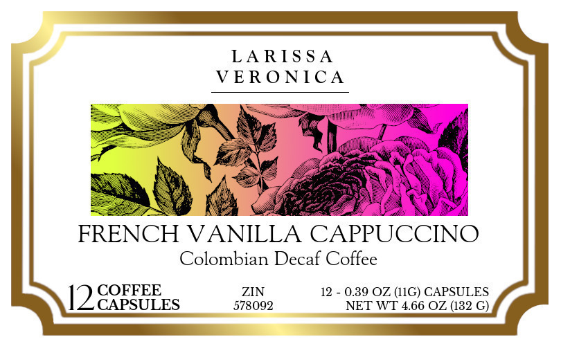 French Vanilla Cappuccino Colombian Decaf Coffee <BR>(Single Serve K-Cup Pods) - Label