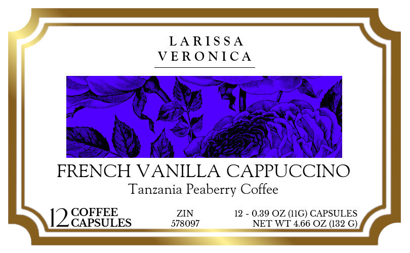 French Vanilla Cappuccino Tanzania Peaberry Coffee <BR>(Single Serve K-Cup Pods) - Label