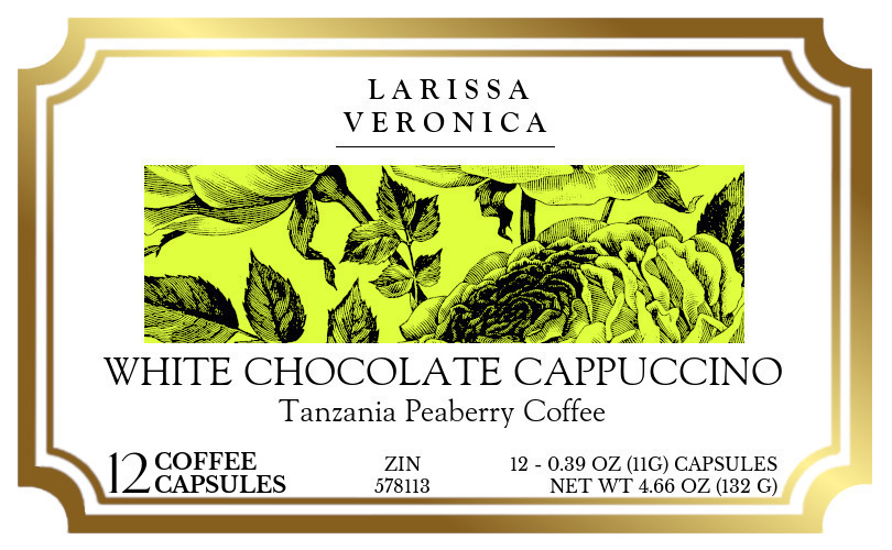 White Chocolate Cappuccino Tanzania Peaberry Coffee <BR>(Single Serve K-Cup Pods) - Label