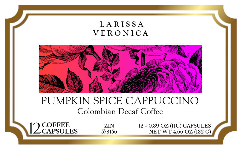 Pumpkin Spice Cappuccino Colombian Decaf Coffee <BR>(Single Serve K-Cup Pods) - Label