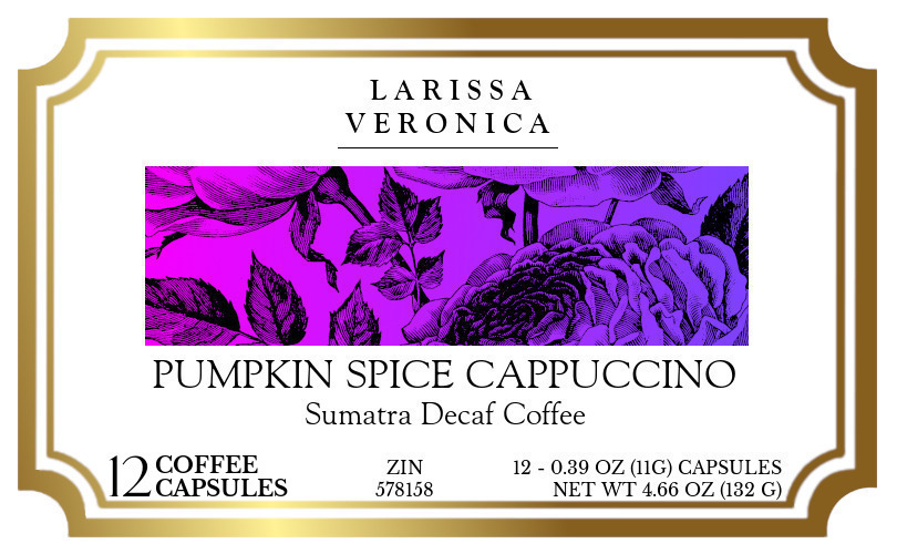 Pumpkin Spice Cappuccino Sumatra Decaf Coffee <BR>(Single Serve K-Cup Pods) - Label