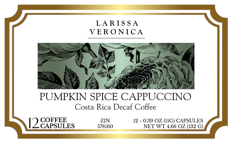 Pumpkin Spice Cappuccino Costa Rica Decaf Coffee <BR>(Single Serve K-Cup Pods) - Label