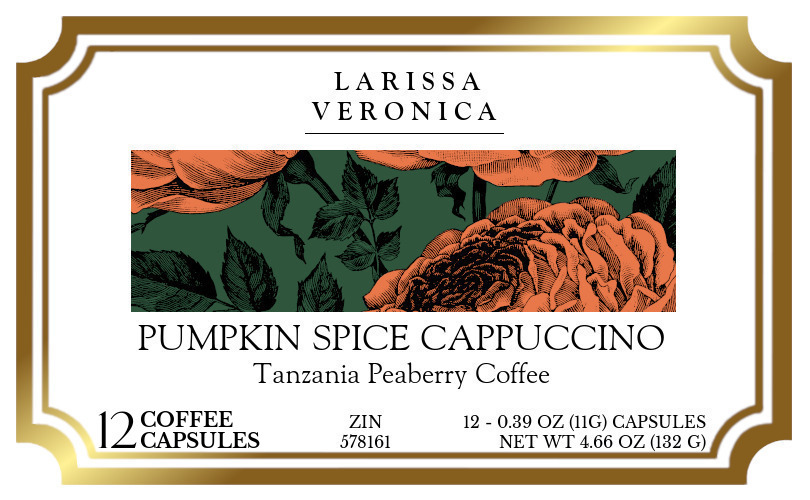 Pumpkin Spice Cappuccino Tanzania Peaberry Coffee <BR>(Single Serve K-Cup Pods) - Label