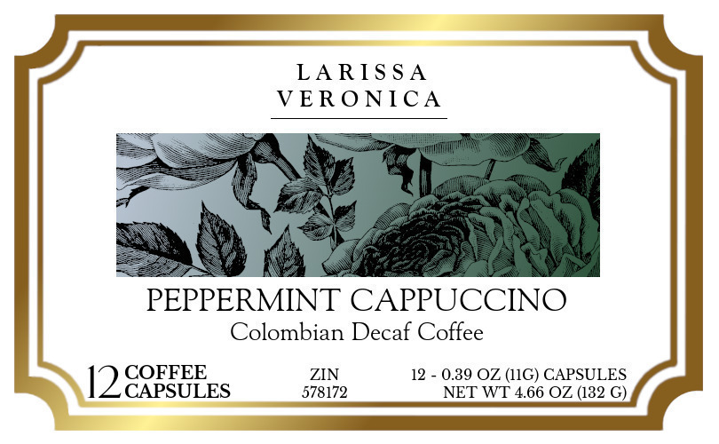 Peppermint Cappuccino Colombian Decaf Coffee <BR>(Single Serve K-Cup Pods) - Label