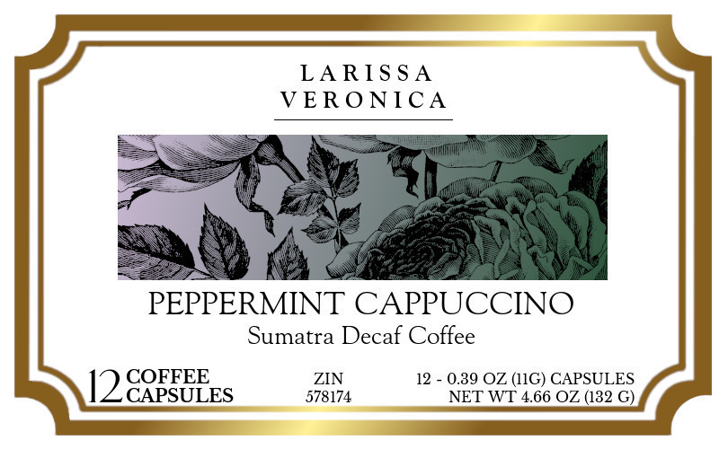 Peppermint Cappuccino Sumatra Decaf Coffee <BR>(Single Serve K-Cup Pods) - Label