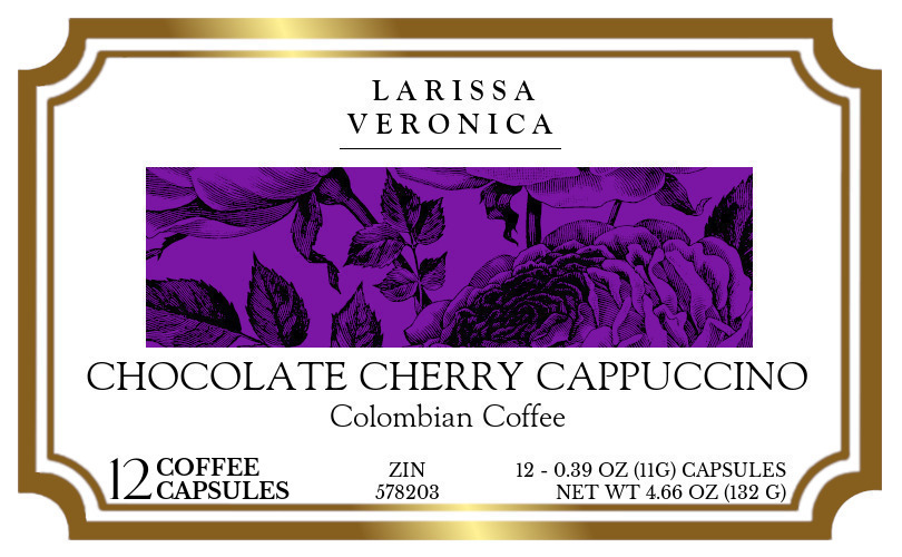 Chocolate Cherry Cappuccino Colombian Coffee <BR>(Single Serve K-Cup Pods) - Label