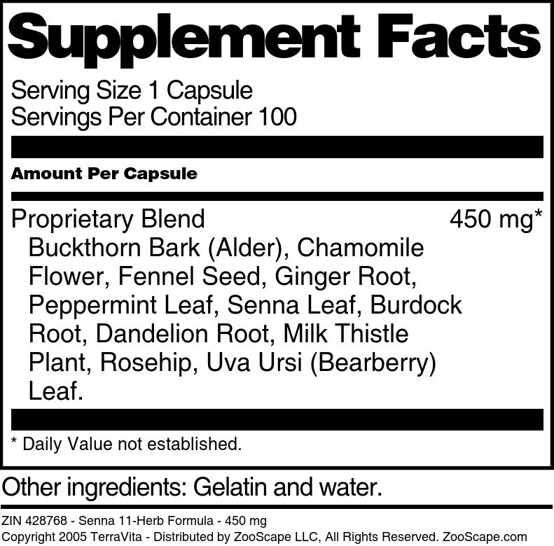 Senna 11-Herb Formula - 450 mg - Supplement / Nutrition Facts