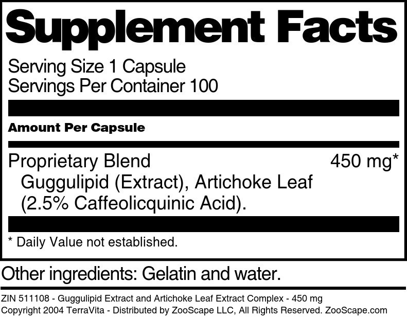 Guggulipid Extract and Artichoke Leaf Extract Complex - 450 mg - Supplement / Nutrition Facts