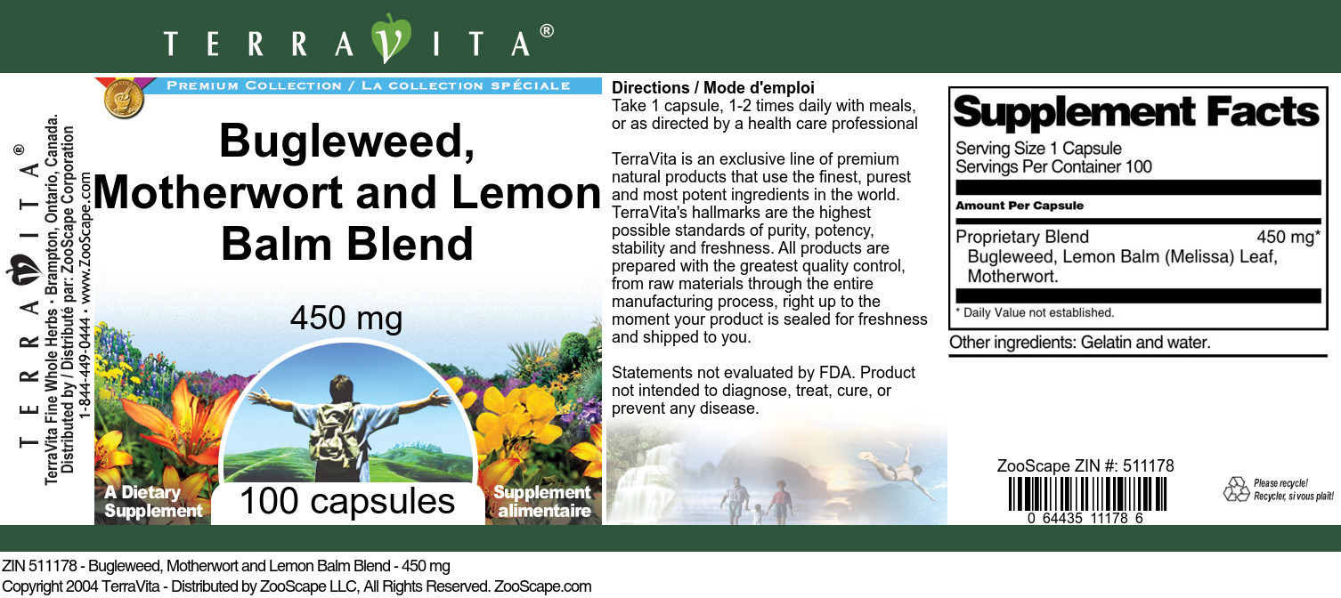 Bugleweed, Motherwort and Lemon Balm Blend - 450 mg - Label