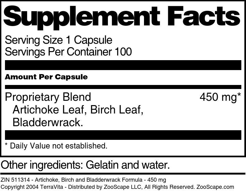 Artichoke, Birch and Bladderwrack Formula - 450 mg - Supplement / Nutrition Facts
