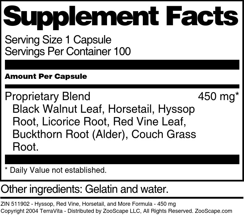 Hyssop, Red Vine, Horsetail, and More Formula - 450 mg - Supplement / Nutrition Facts