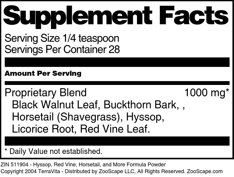 Hyssop, Red Vine, Horsetail, and More Formula Powder - Supplement / Nutrition Facts