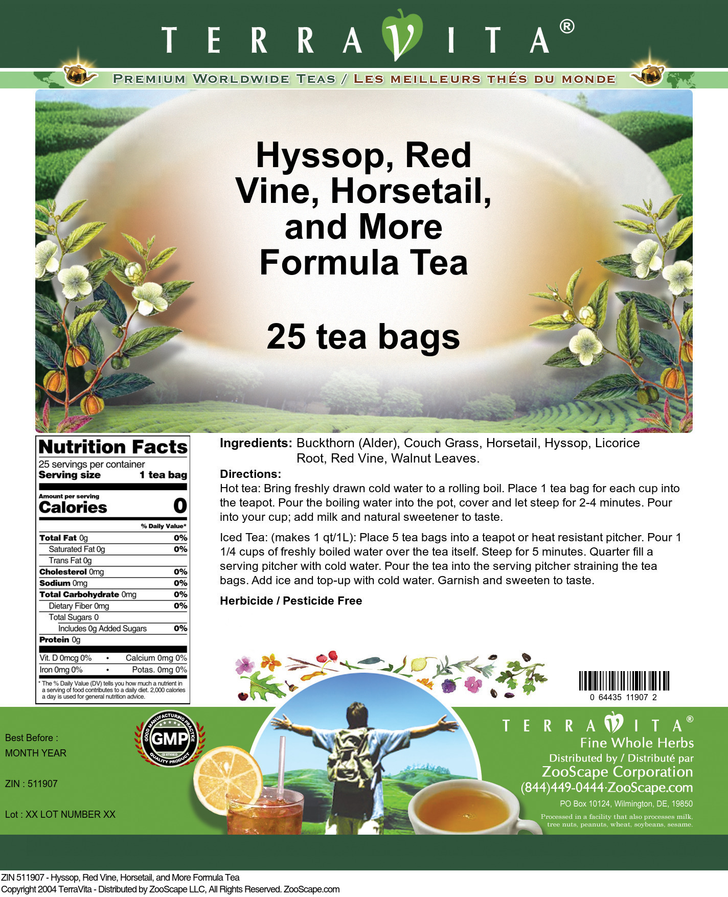 Hyssop, Red Vine, Horsetail, and More Formula Tea - Label