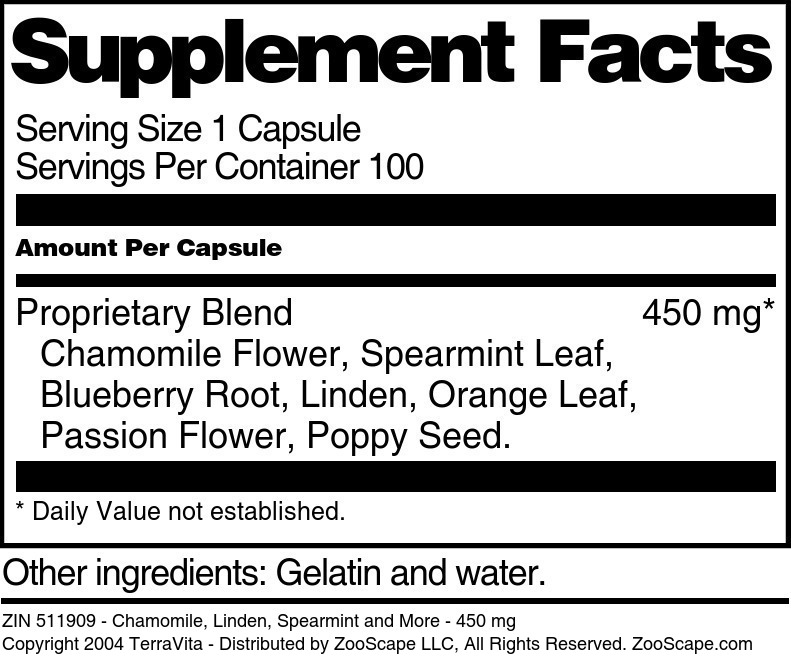 Chamomile, Linden, Spearmint and More - 450 mg - Supplement / Nutrition Facts