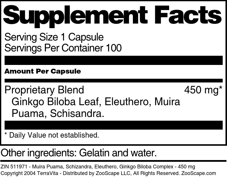Muira Puama, Schizandra, Eleuthero, Ginkgo Biloba Complex - 450 mg - Supplement / Nutrition Facts