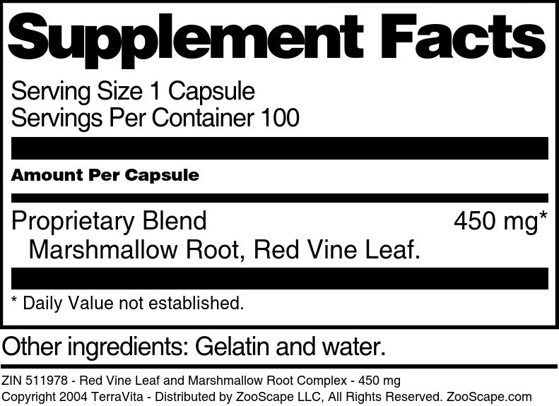 Red Vine Leaf and Marshmallow Root Complex - 450 mg - Supplement / Nutrition Facts